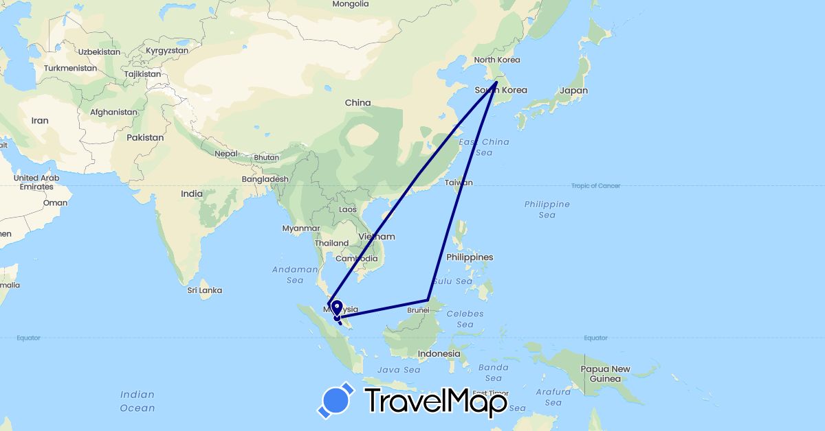 TravelMap itinerary: driving in South Korea, Malaysia (Asia)